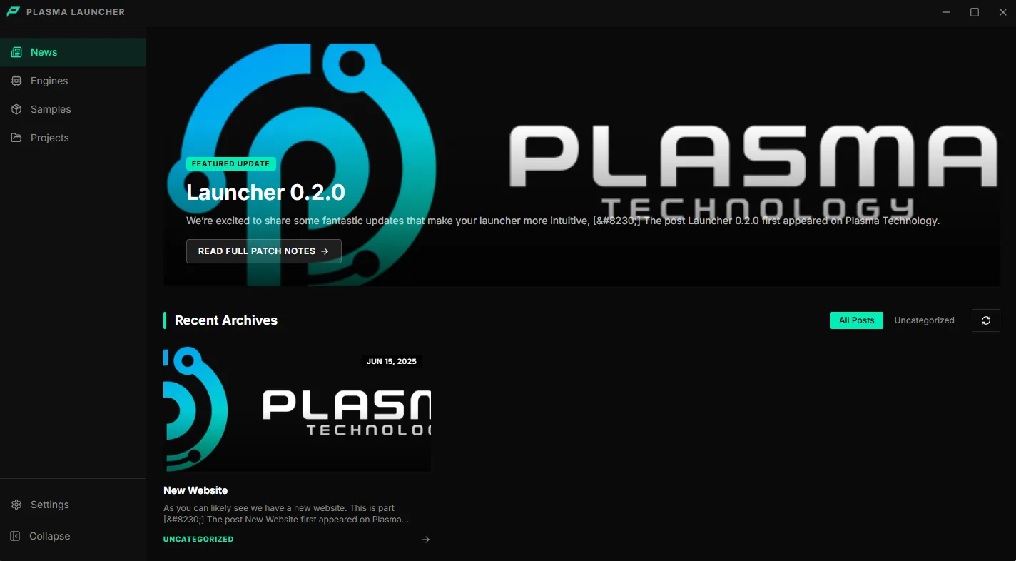 The launcher News page with a featured post and recent archives
