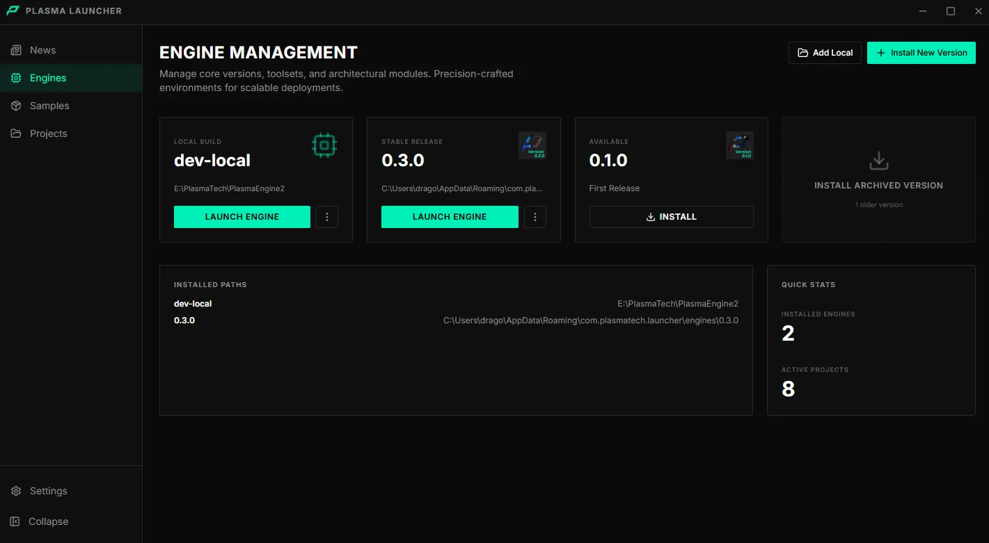 The launcher Engines page showing installed engine versions and quick stats