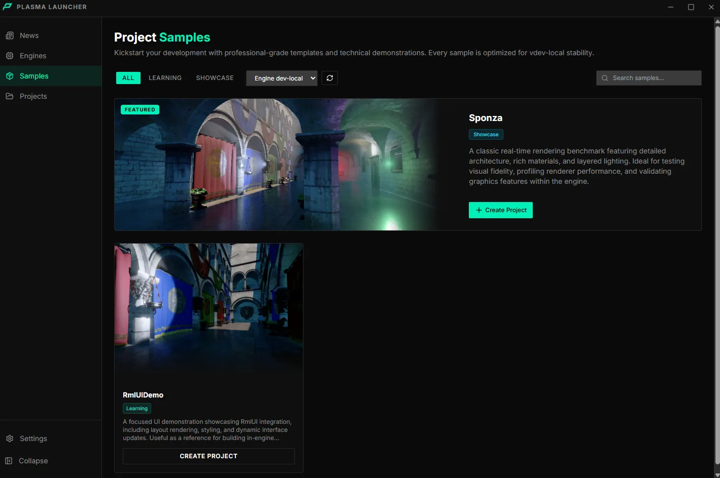 The launcher Samples page with a featured Sponza sample and category filters
