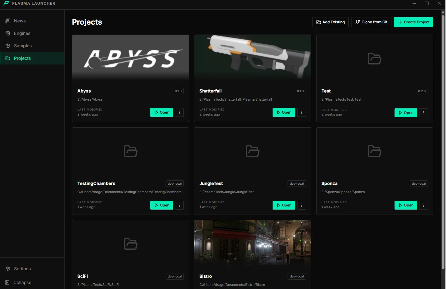 The launcher Projects page listing projects with their engine version and last-modified time