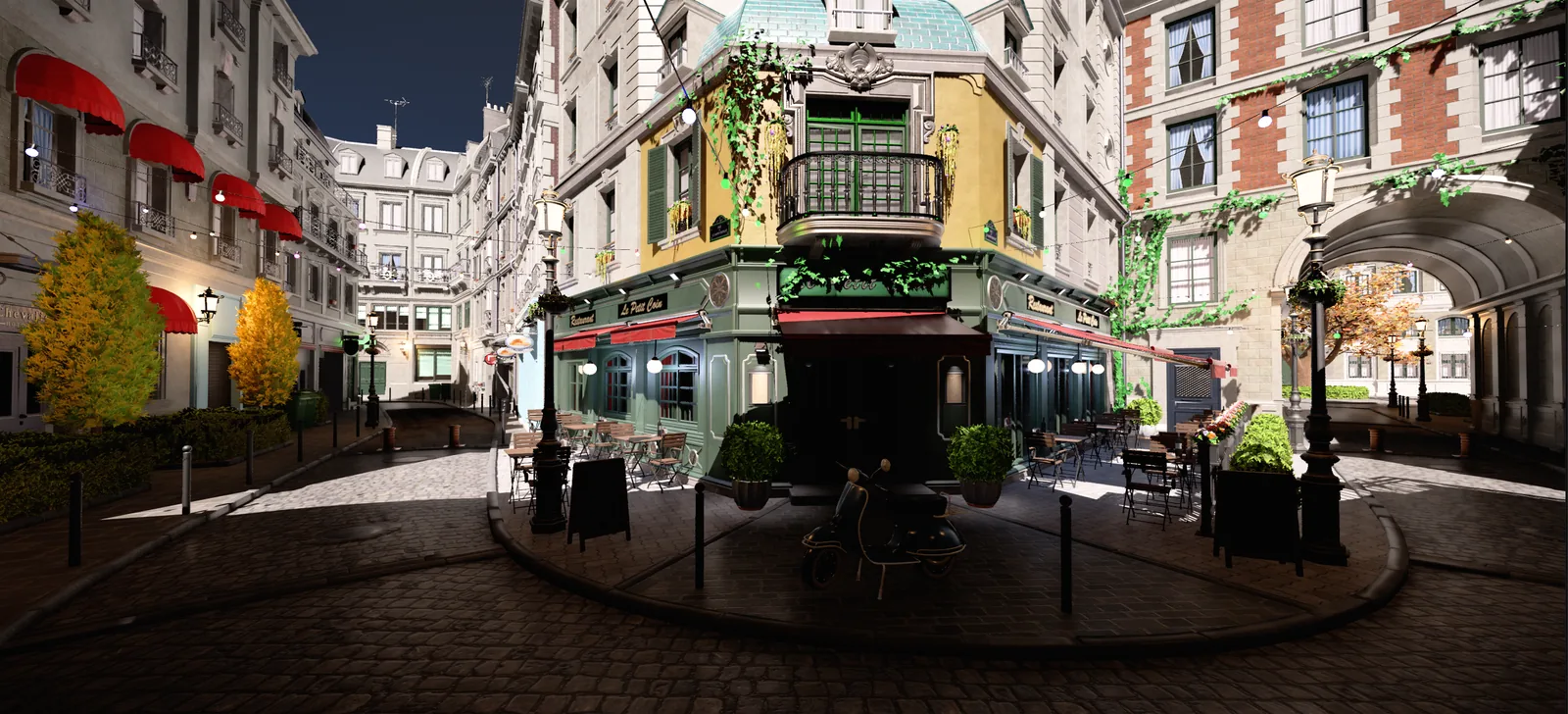 A Parisian bistro street at night, with string lights and a scooter parked outside the café
